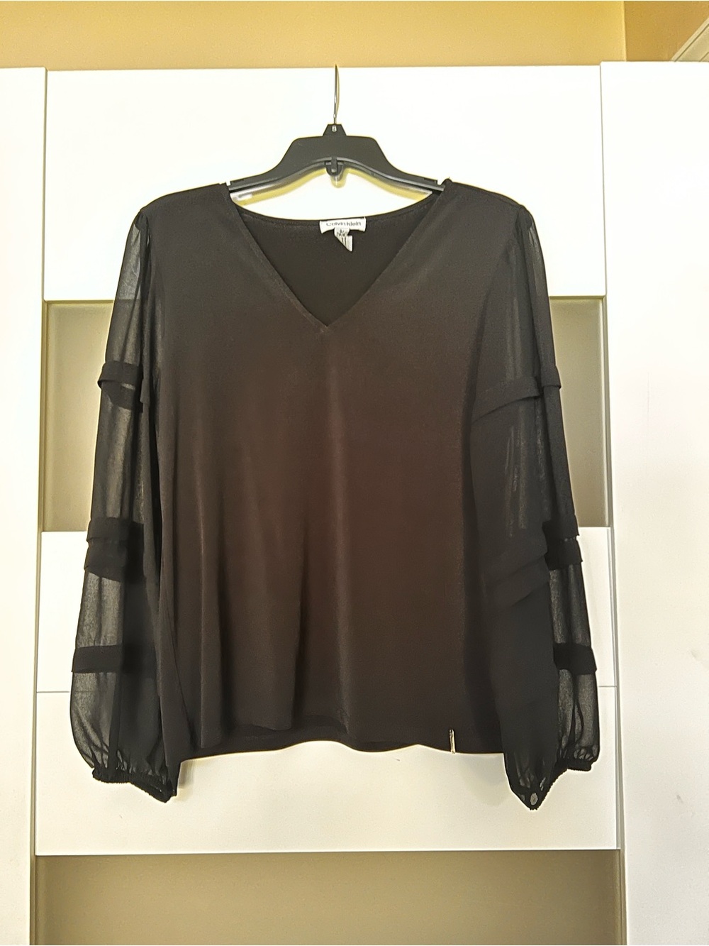 Calvin Klein Black Sheer V-Neck Blouse